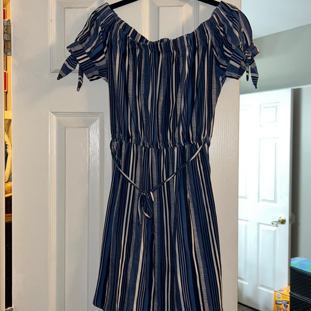 Size Medium off the shoulder blue/black/white striped dress